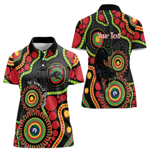 Panthers NAIDOC Week 2026 Personalised Women Polo Shirt 50 Years of Deadly Aboriginal Art Black