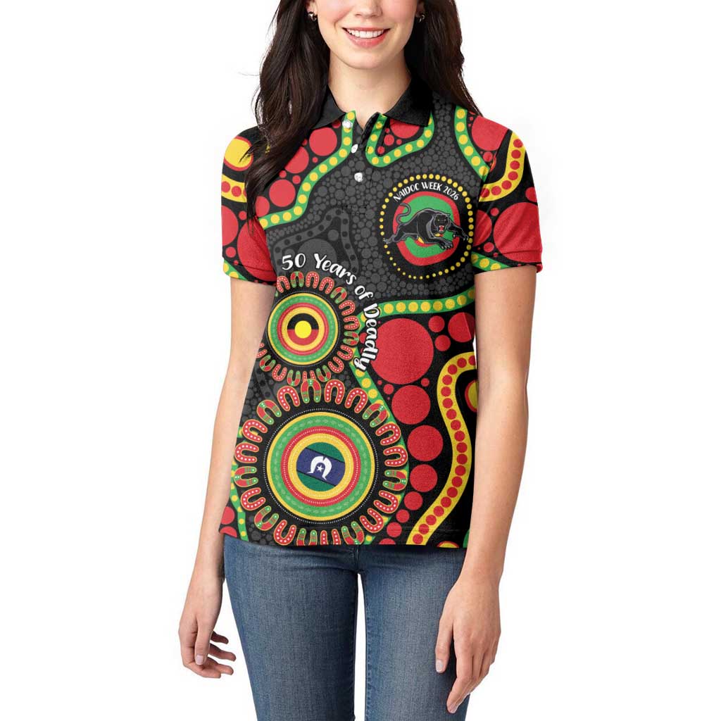 Panthers NAIDOC Week 2026 Personalised Women Polo Shirt 50 Years of Deadly Aboriginal Art Black