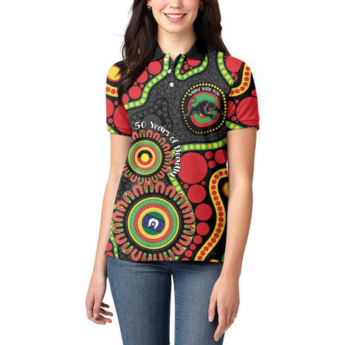 Panthers NAIDOC Week 2026 Personalised Women Polo Shirt 50 Years of Deadly Aboriginal Art Black