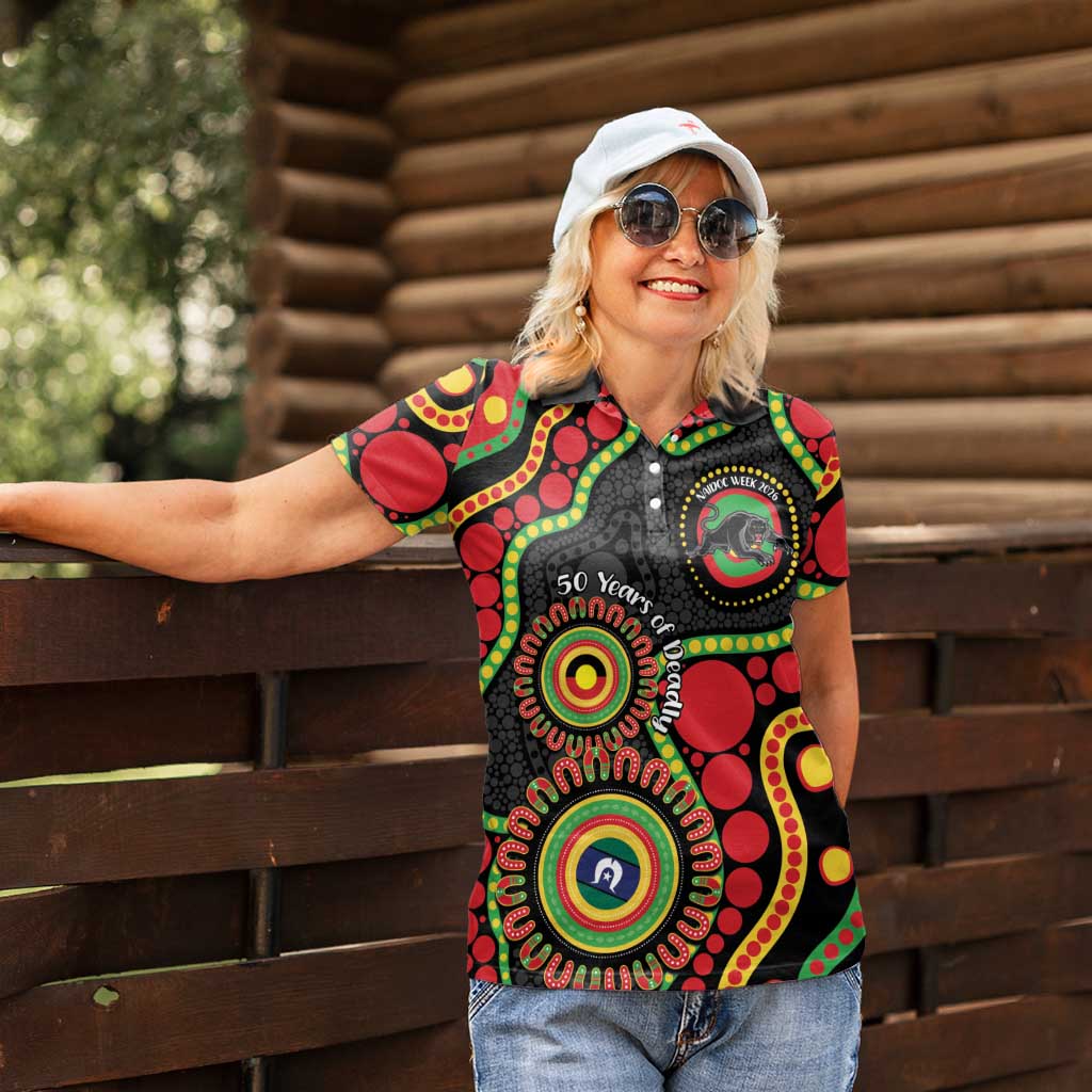 Panthers NAIDOC Week 2026 Personalised Women Polo Shirt 50 Years of Deadly Aboriginal Art Black