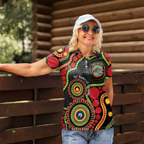 Panthers NAIDOC Week 2026 Personalised Women Polo Shirt 50 Years of Deadly Aboriginal Art Black