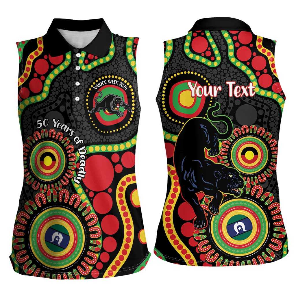 Panthers NAIDOC Week 2026 Personalised Women Sleeveless Polo Shirt 50 Years of Deadly Aboriginal Art Black