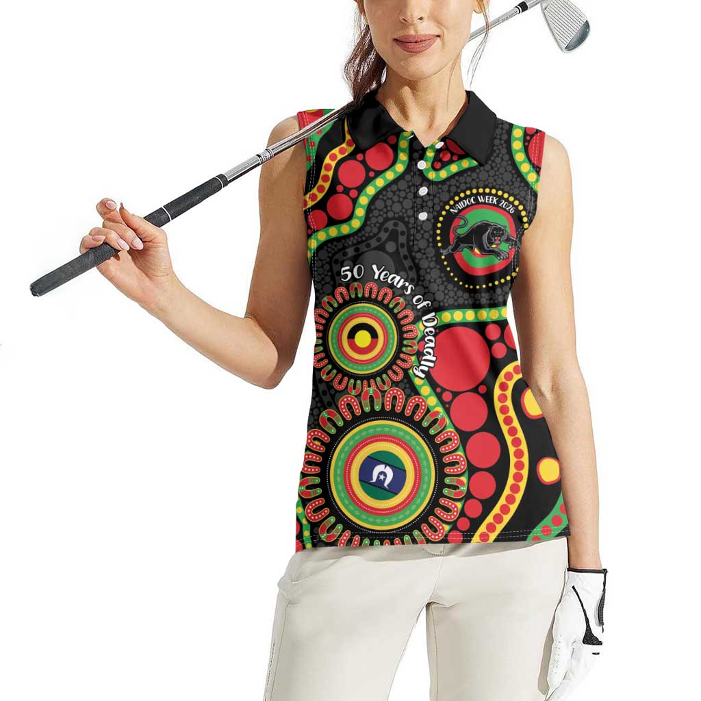 Panthers NAIDOC Week 2026 Personalised Women Sleeveless Polo Shirt 50 Years of Deadly Aboriginal Art Black