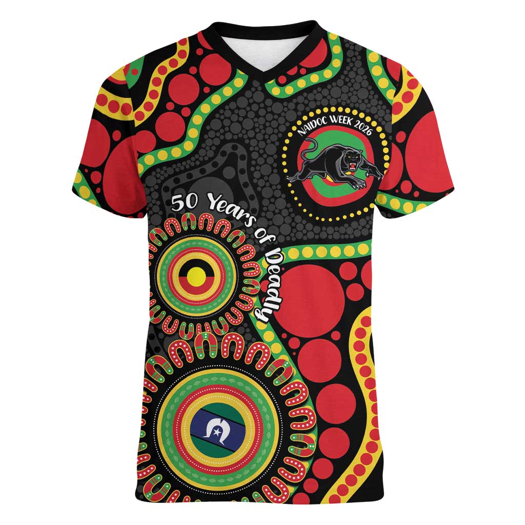 Panthers NAIDOC Week 2026 Personalised Women V-Neck T-Shirt 50 Years of Deadly Aboriginal Art Black