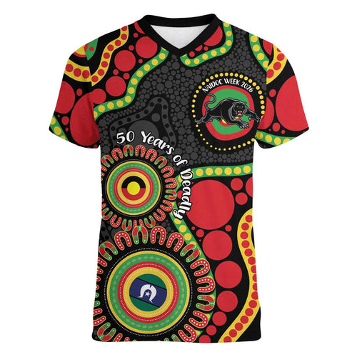 Panthers NAIDOC Week 2026 Personalised Women V-Neck T-Shirt 50 Years of Deadly Aboriginal Art Black