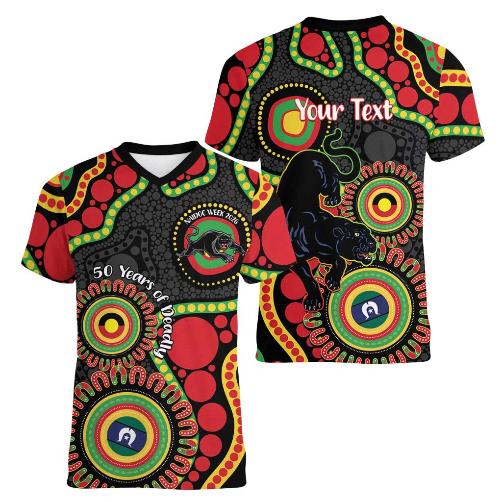 Panthers NAIDOC Week 2026 Personalised Women V-Neck T-Shirt 50 Years of Deadly Aboriginal Art Black