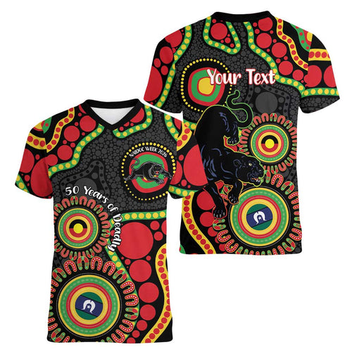 Panthers NAIDOC Week 2026 Personalised Women V-Neck T-Shirt 50 Years of Deadly Aboriginal Art Black