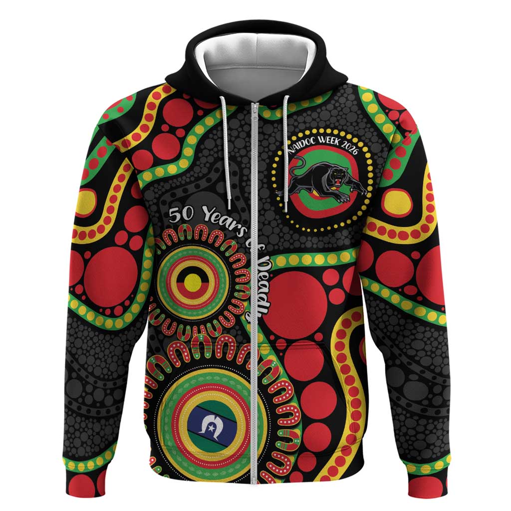 Panthers NAIDOC Week 2026 Personalised Zip Hoodie 50 Years of Deadly Aboriginal Art Black