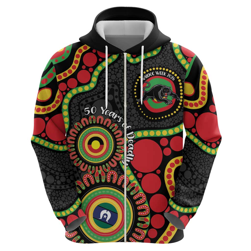Panthers NAIDOC Week 2026 Personalised Zip Hoodie 50 Years of Deadly Aboriginal Art Black