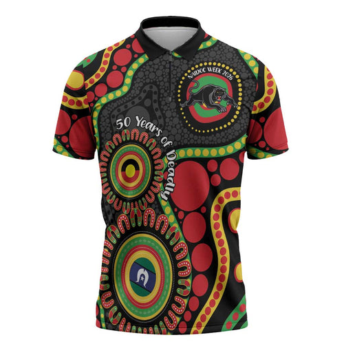 Panthers NAIDOC Week 2026 Personalised Zipper Polo Shirt 50 Years of Deadly Aboriginal Art Black
