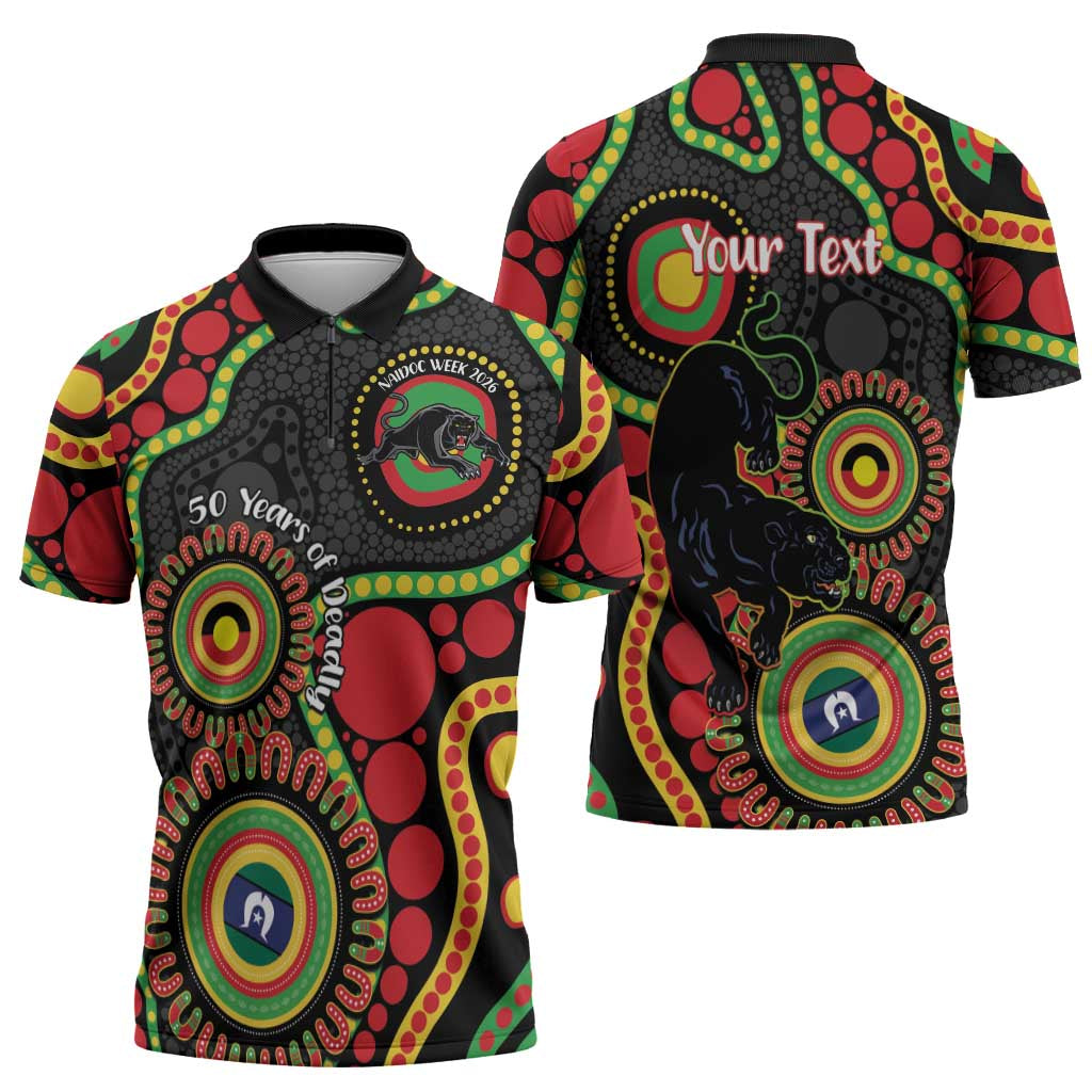 Panthers NAIDOC Week 2026 Personalised Zipper Polo Shirt 50 Years of Deadly Aboriginal Art Black