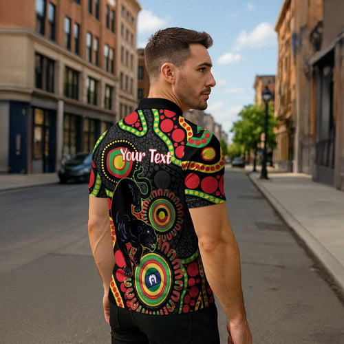 Panthers NAIDOC Week 2026 Personalised Zipper Polo Shirt 50 Years of Deadly Aboriginal Art Black