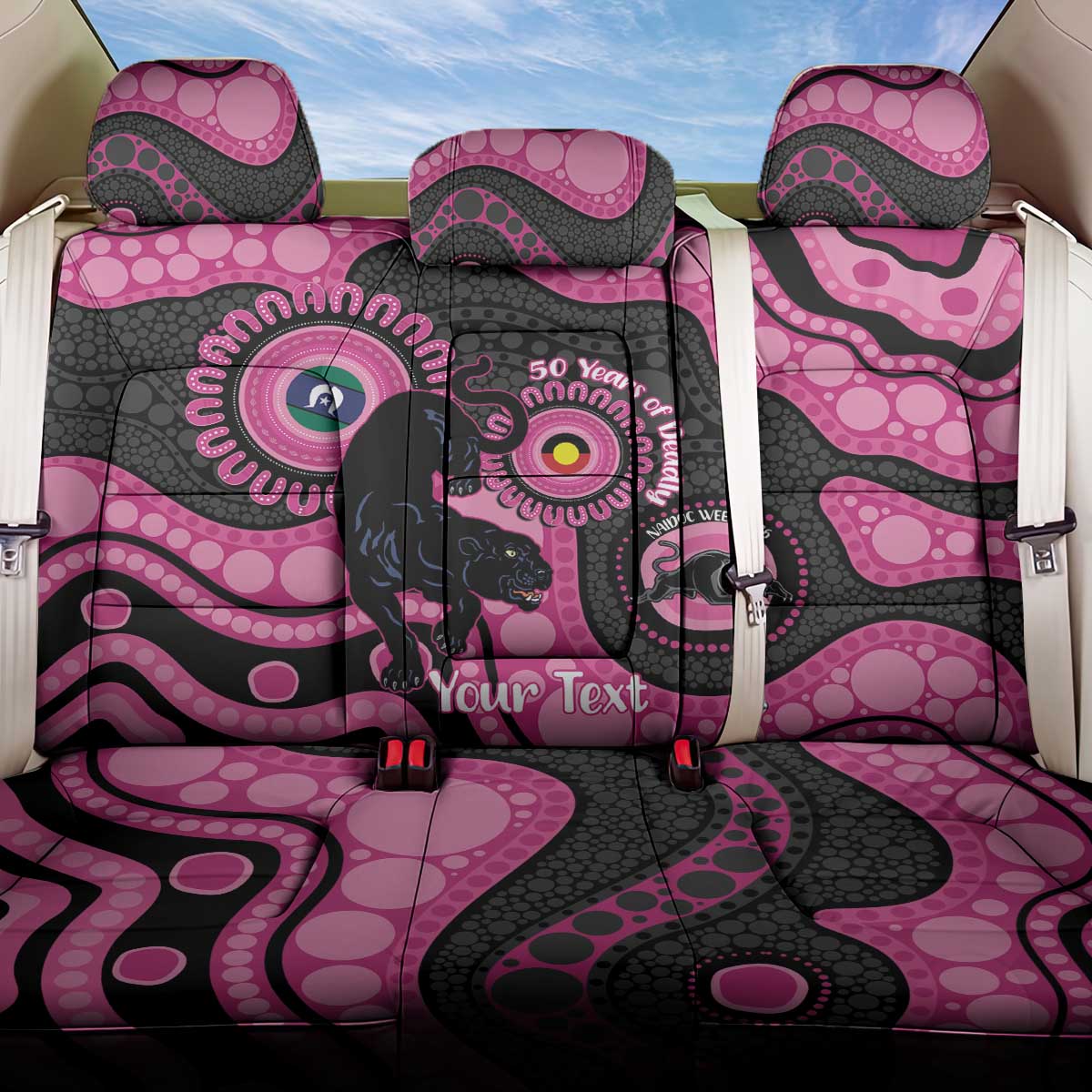 Panthers NAIDOC Week 2026 Personalised Back Car Seat Cover 50 Years of Deadly Aboriginal Art Pink