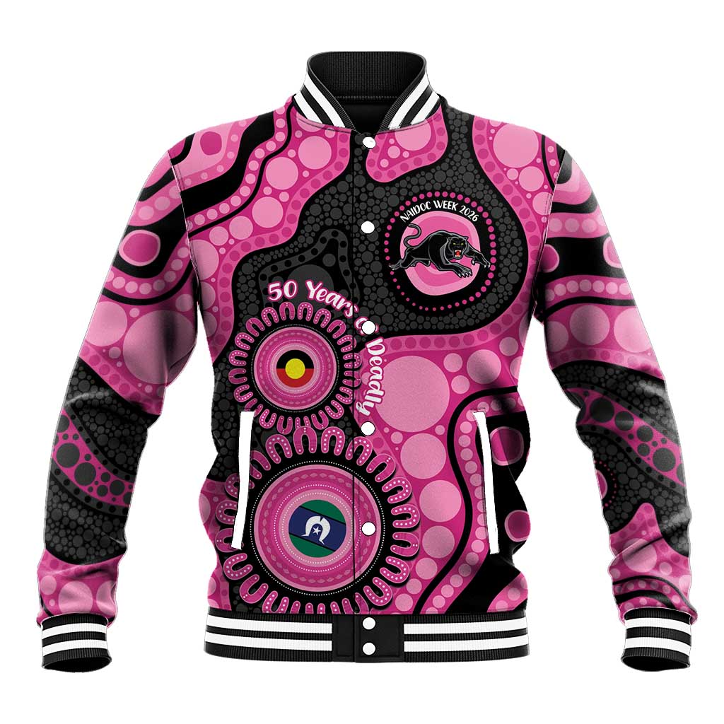 Panthers NAIDOC Week 2026 Personalised Baseball Jacket 50 Years of Deadly Aboriginal Art Pink
