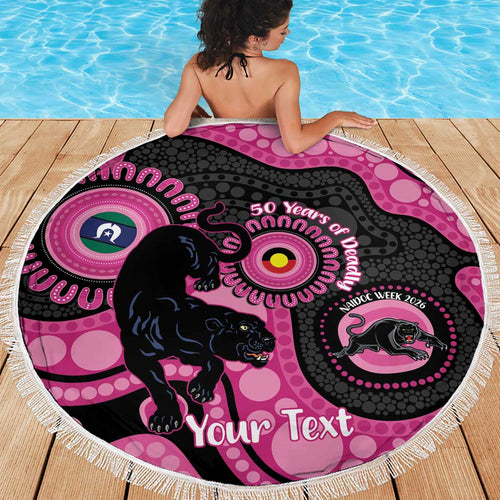 Panthers NAIDOC Week 2026 Personalised Beach Blanket 50 Years of Deadly Aboriginal Art Pink