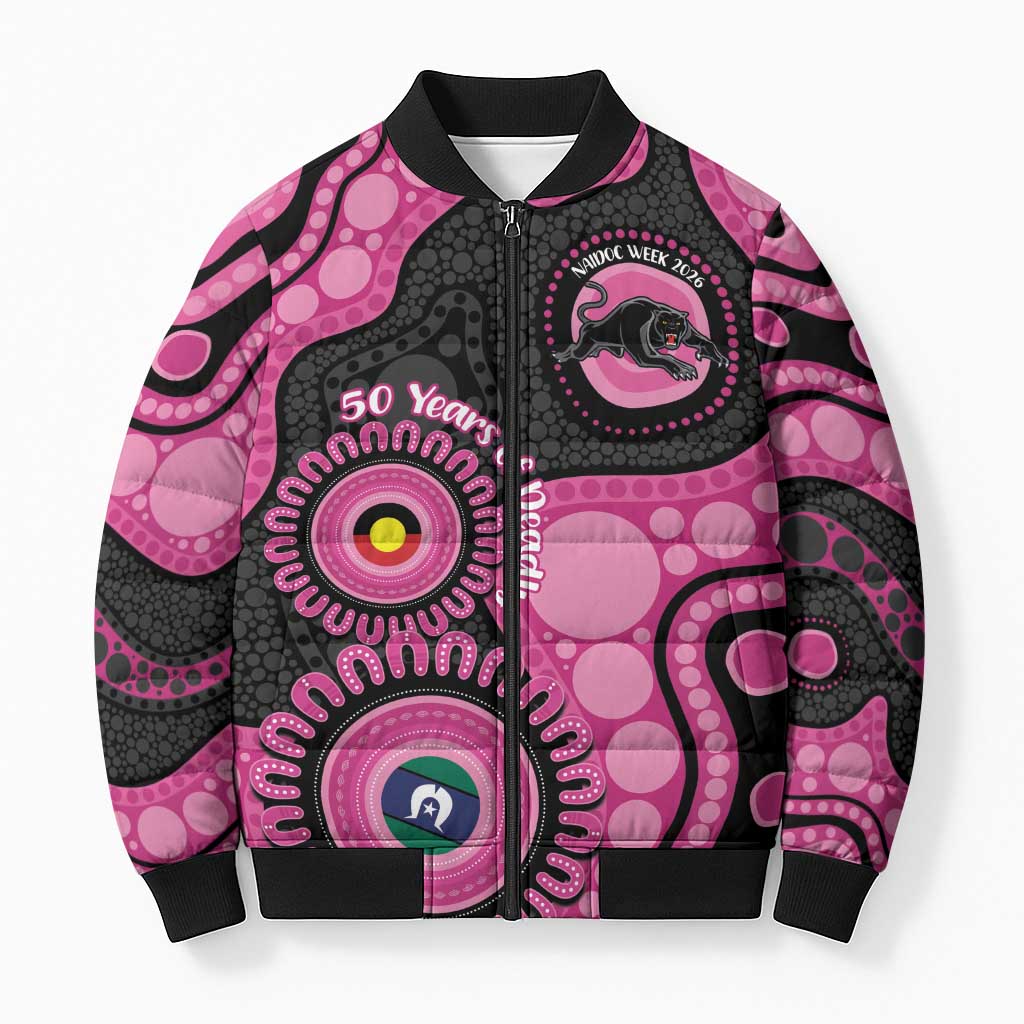 Panthers NAIDOC Week 2026 Personalised Bomber Puffer Jacket 50 Years of Deadly Aboriginal Art Pink