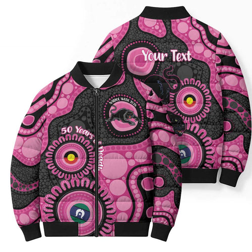 Panthers NAIDOC Week 2026 Personalised Bomber Puffer Jacket 50 Years of Deadly Aboriginal Art Pink