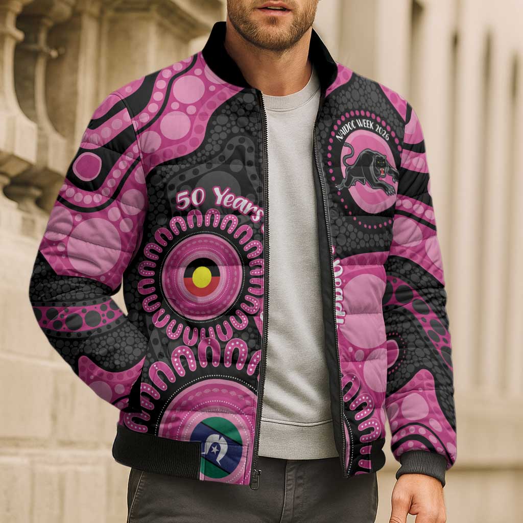 Panthers NAIDOC Week 2026 Personalised Bomber Puffer Jacket 50 Years of Deadly Aboriginal Art Pink