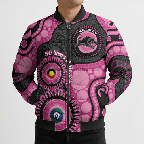 Panthers NAIDOC Week 2026 Personalised Bomber Puffer Jacket 50 Years of Deadly Aboriginal Art Pink