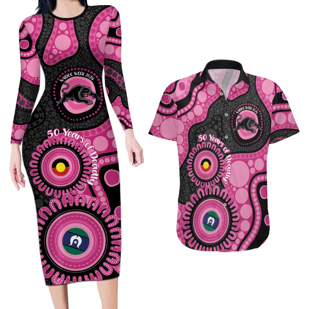 Panthers NAIDOC Week 2026 Personalised Couples Matching Long Sleeve Bodycon Dress and Hawaiian Shirt 50 Years of Deadly Aboriginal Art Pink