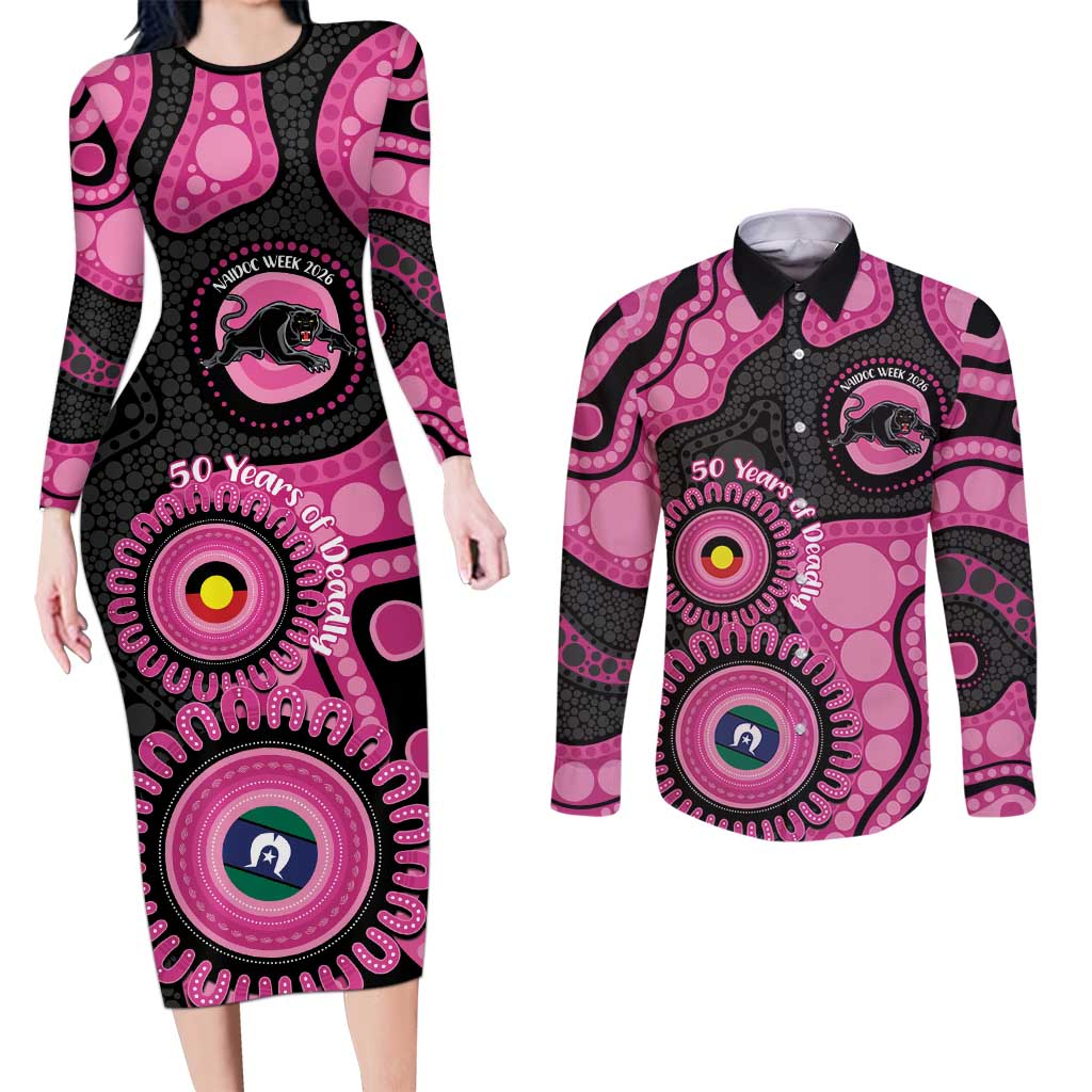 Panthers NAIDOC Week 2026 Personalised Couples Matching Long Sleeve Bodycon Dress and Long Sleeve Button Shirt 50 Years of Deadly Aboriginal Art Pink
