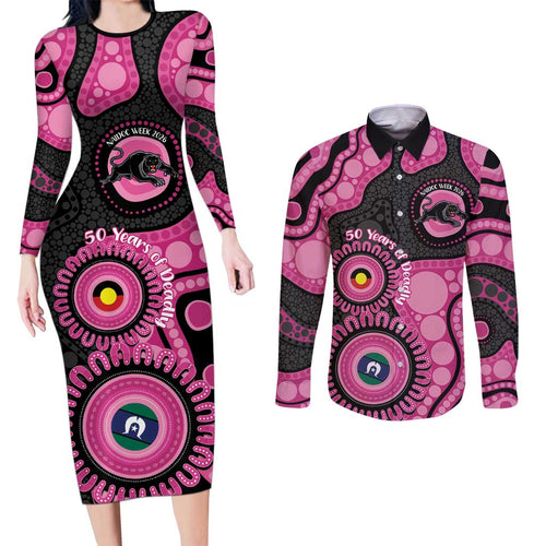 Panthers NAIDOC Week 2026 Personalised Couples Matching Long Sleeve Bodycon Dress and Long Sleeve Button Shirt 50 Years of Deadly Aboriginal Art Pink