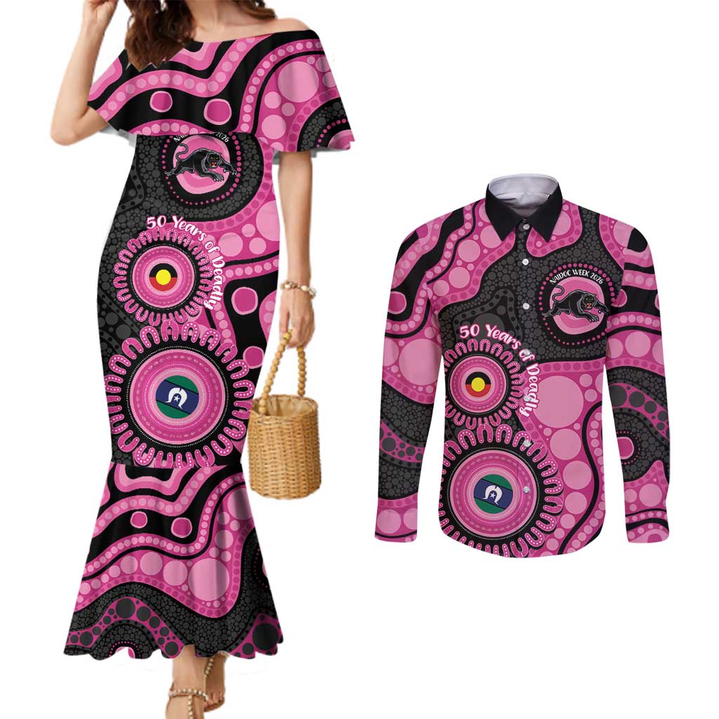 Panthers NAIDOC Week 2026 Personalised Couples Matching Mermaid Dress and Long Sleeve Button Shirt 50 Years of Deadly Aboriginal Art Pink