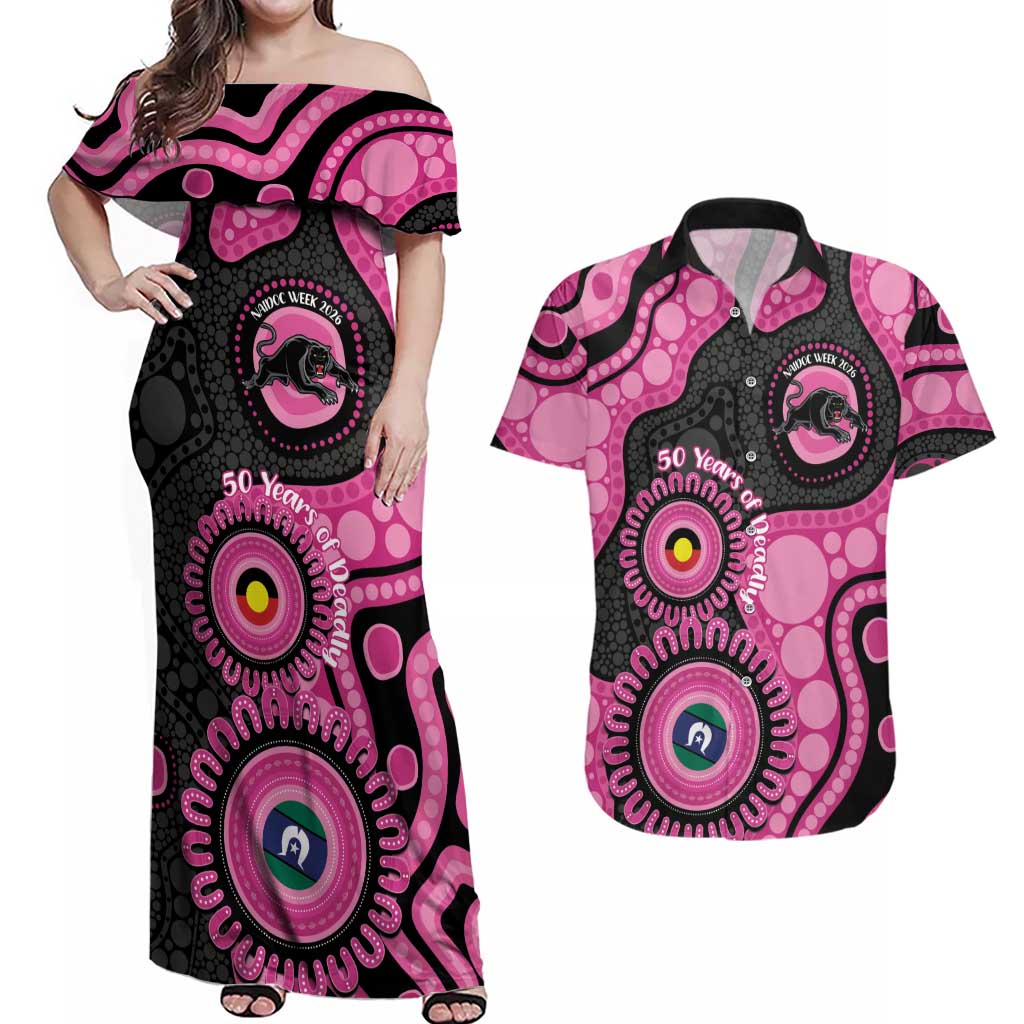 Panthers NAIDOC Week 2026 Personalised Couples Matching Off Shoulder Maxi Dress and Hawaiian Shirt 50 Years of Deadly Aboriginal Art Pink