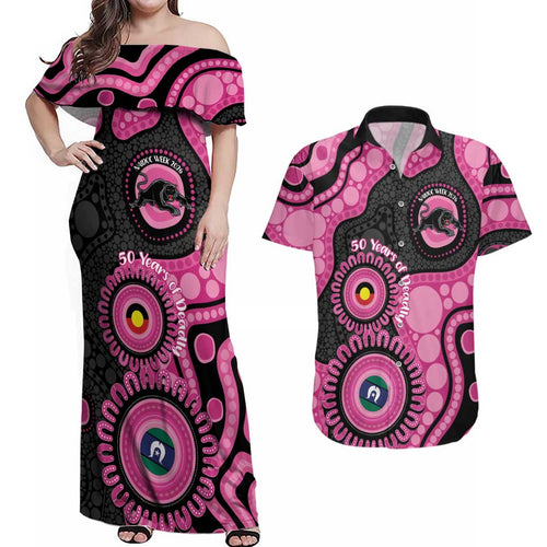 Panthers NAIDOC Week 2026 Personalised Couples Matching Off Shoulder Maxi Dress and Hawaiian Shirt 50 Years of Deadly Aboriginal Art Pink