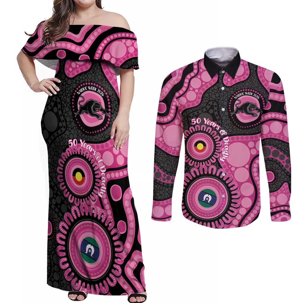 Panthers NAIDOC Week 2026 Personalised Couples Matching Off Shoulder Maxi Dress and Long Sleeve Button Shirt 50 Years of Deadly Aboriginal Art Pink
