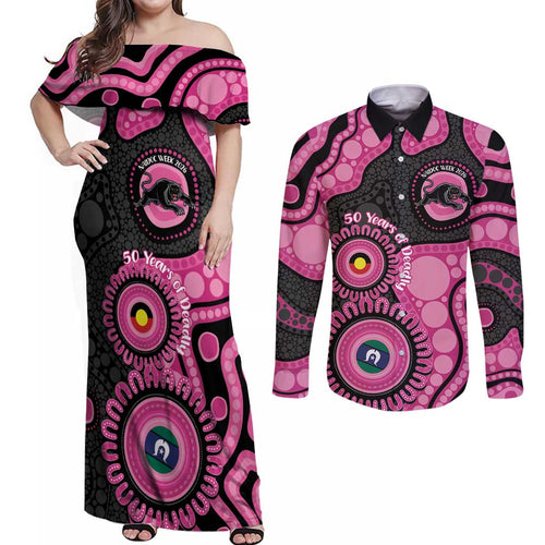 Panthers NAIDOC Week 2026 Personalised Couples Matching Off Shoulder Maxi Dress and Long Sleeve Button Shirt 50 Years of Deadly Aboriginal Art Pink