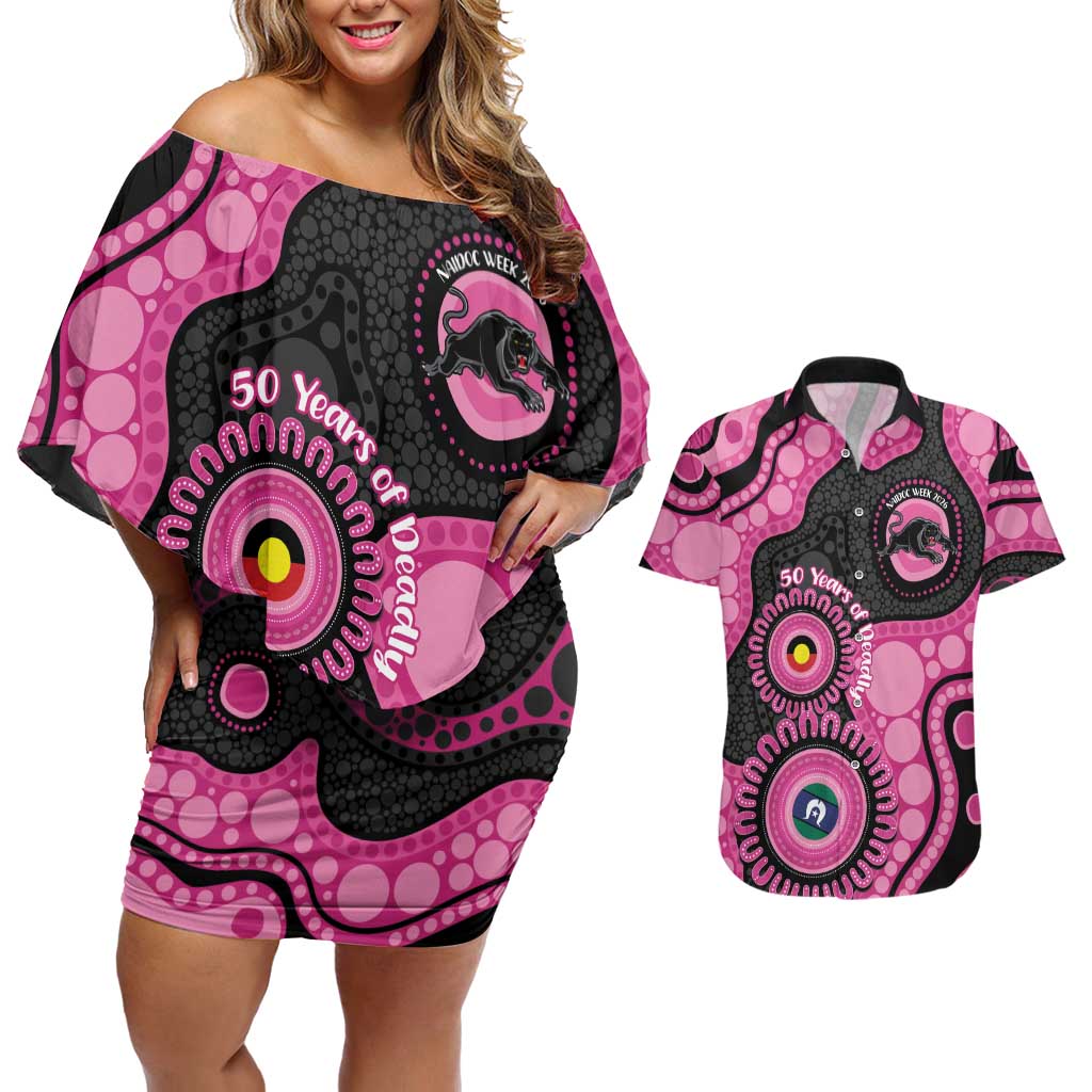 Panthers NAIDOC Week 2026 Personalised Couples Matching Off Shoulder Short Dress and Hawaiian Shirt 50 Years of Deadly Aboriginal Art Pink