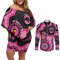 Panthers NAIDOC Week 2026 Personalised Couples Matching Off Shoulder Short Dress and Long Sleeve Button Shirt 50 Years of Deadly Aboriginal Art Pink