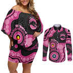 Panthers NAIDOC Week 2026 Personalised Couples Matching Off Shoulder Short Dress and Long Sleeve Button Shirt 50 Years of Deadly Aboriginal Art Pink