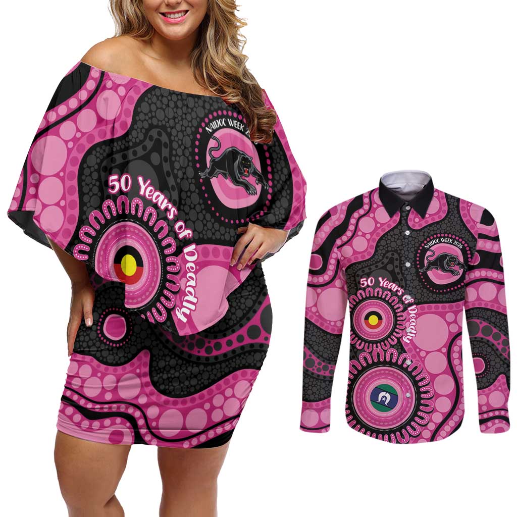 Panthers NAIDOC Week 2026 Personalised Couples Matching Off Shoulder Short Dress and Long Sleeve Button Shirt 50 Years of Deadly Aboriginal Art Pink