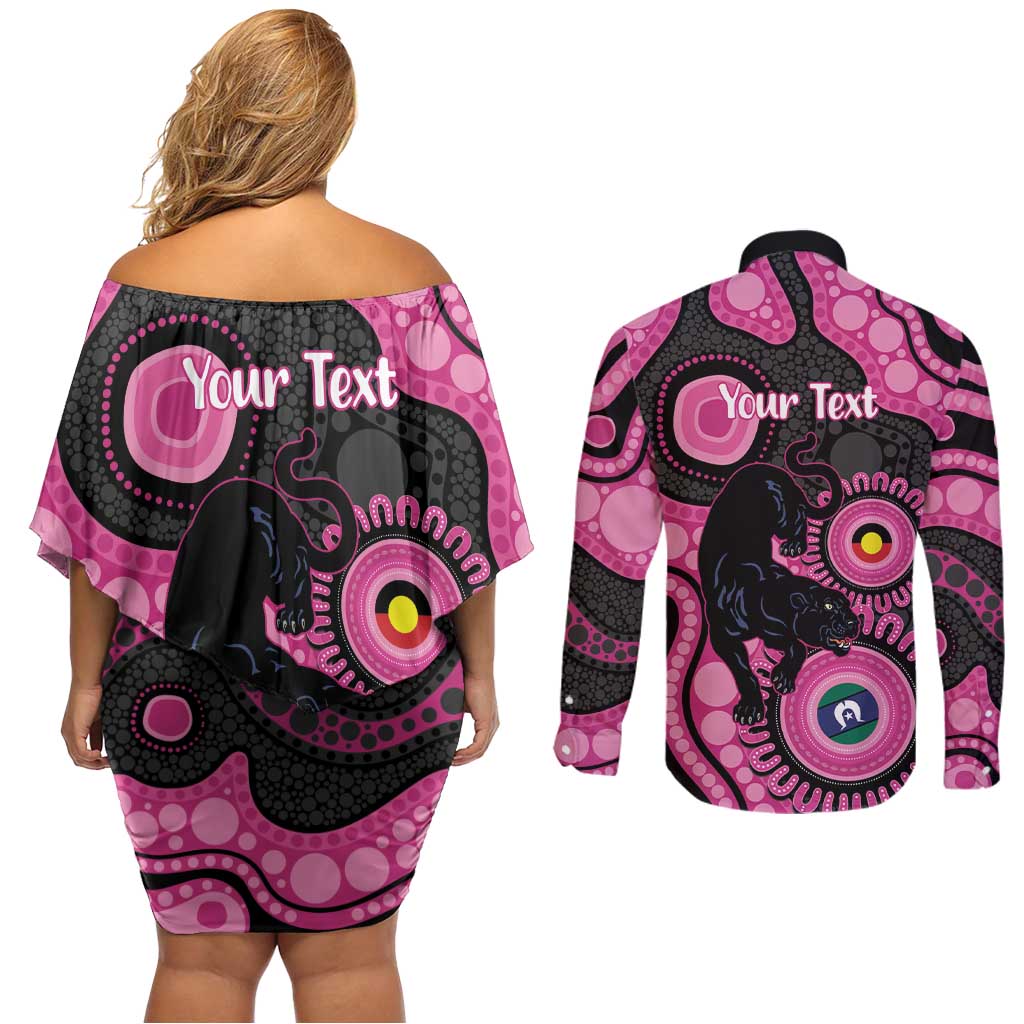 Panthers NAIDOC Week 2026 Personalised Couples Matching Off Shoulder Short Dress and Long Sleeve Button Shirt 50 Years of Deadly Aboriginal Art Pink