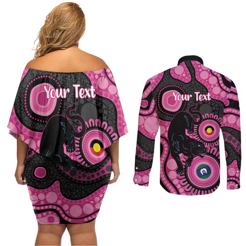 Panthers NAIDOC Week 2026 Personalised Couples Matching Off Shoulder Short Dress and Long Sleeve Button Shirt 50 Years of Deadly Aboriginal Art Pink