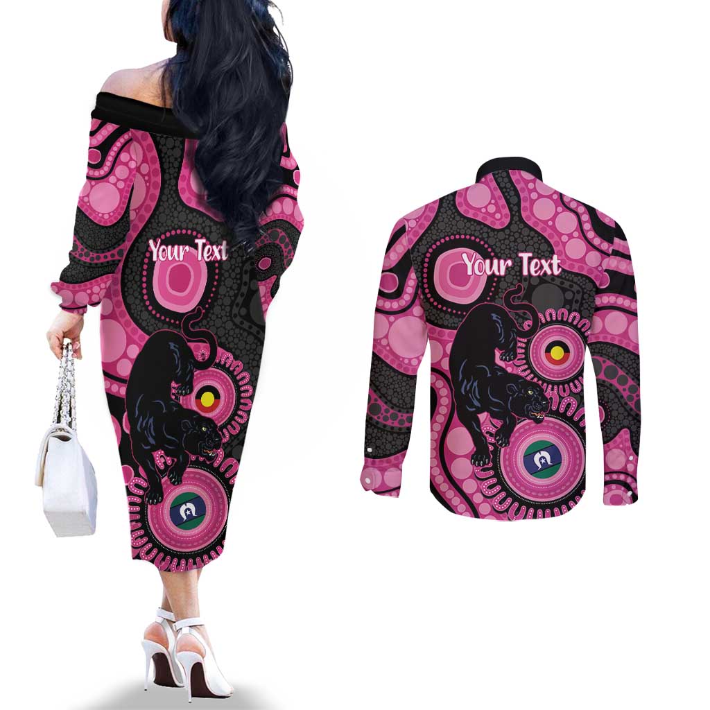 Panthers NAIDOC Week 2026 Personalised Couples Matching Off The Shoulder Long Sleeve Dress and Long Sleeve Button Shirt 50 Years of Deadly Aboriginal Art Pink