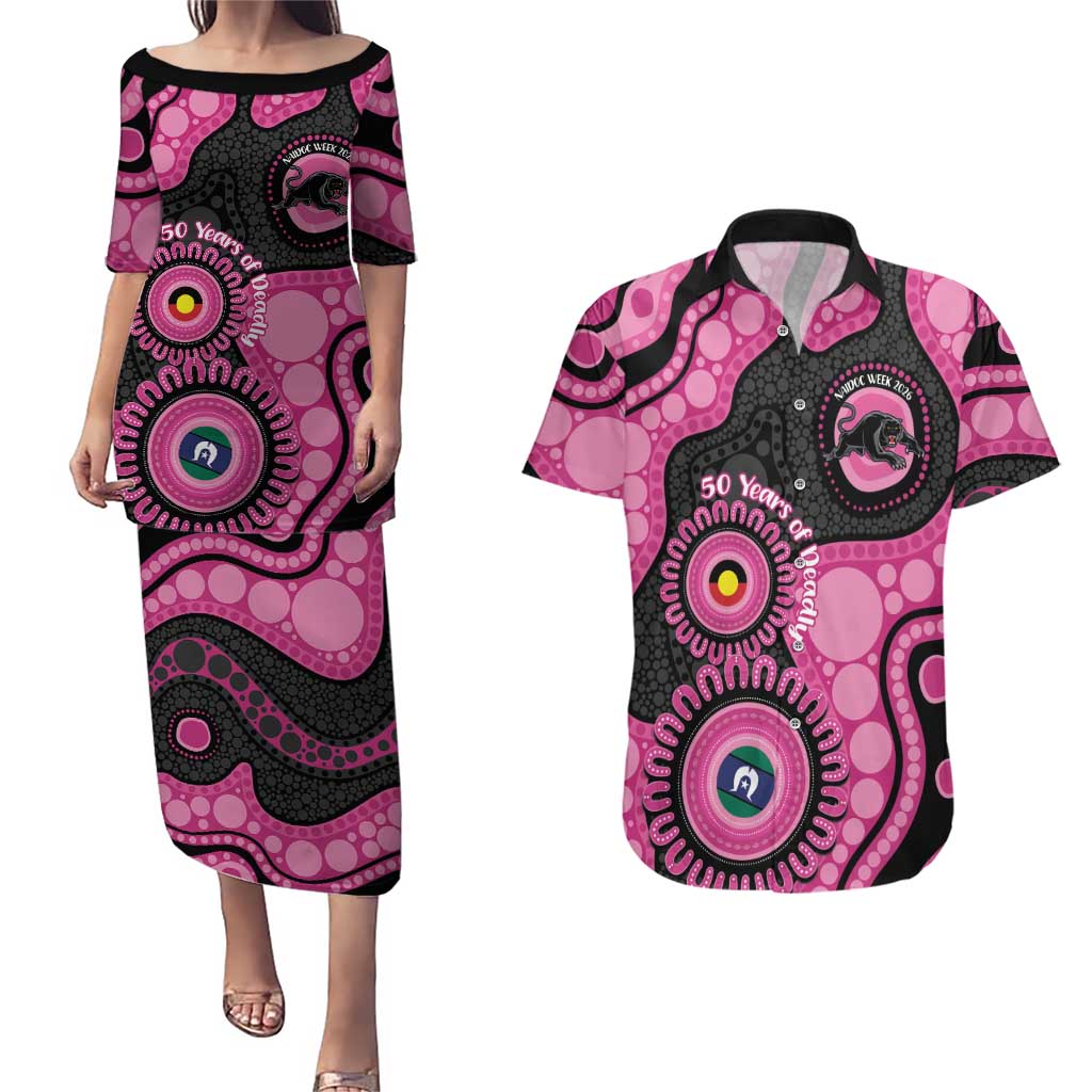 Panthers NAIDOC Week 2026 Personalised Couples Matching Puletasi and Hawaiian Shirt 50 Years of Deadly Aboriginal Art Pink
