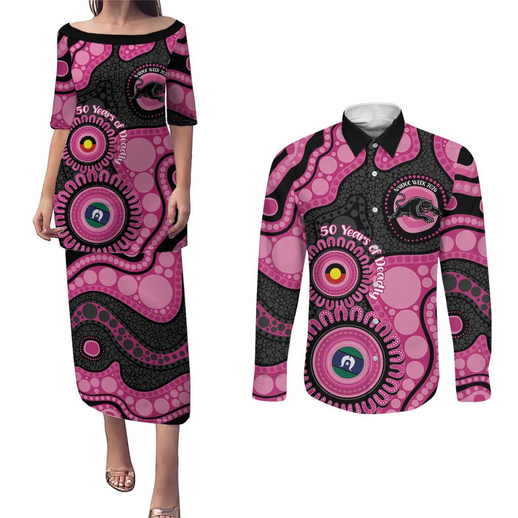 Panthers NAIDOC Week 2026 Personalised Couples Matching Puletasi and Long Sleeve Button Shirt 50 Years of Deadly Aboriginal Art Pink