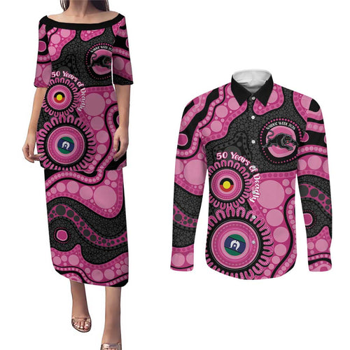 Panthers NAIDOC Week 2026 Personalised Couples Matching Puletasi and Long Sleeve Button Shirt 50 Years of Deadly Aboriginal Art Pink