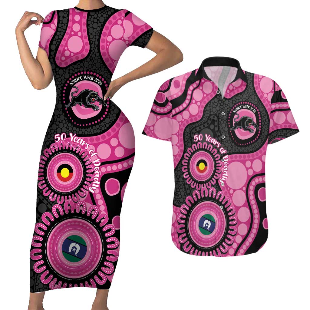 Panthers NAIDOC Week 2026 Personalised Couples Matching Short Sleeve Bodycon Dress and Hawaiian Shirt 50 Years of Deadly Aboriginal Art Pink