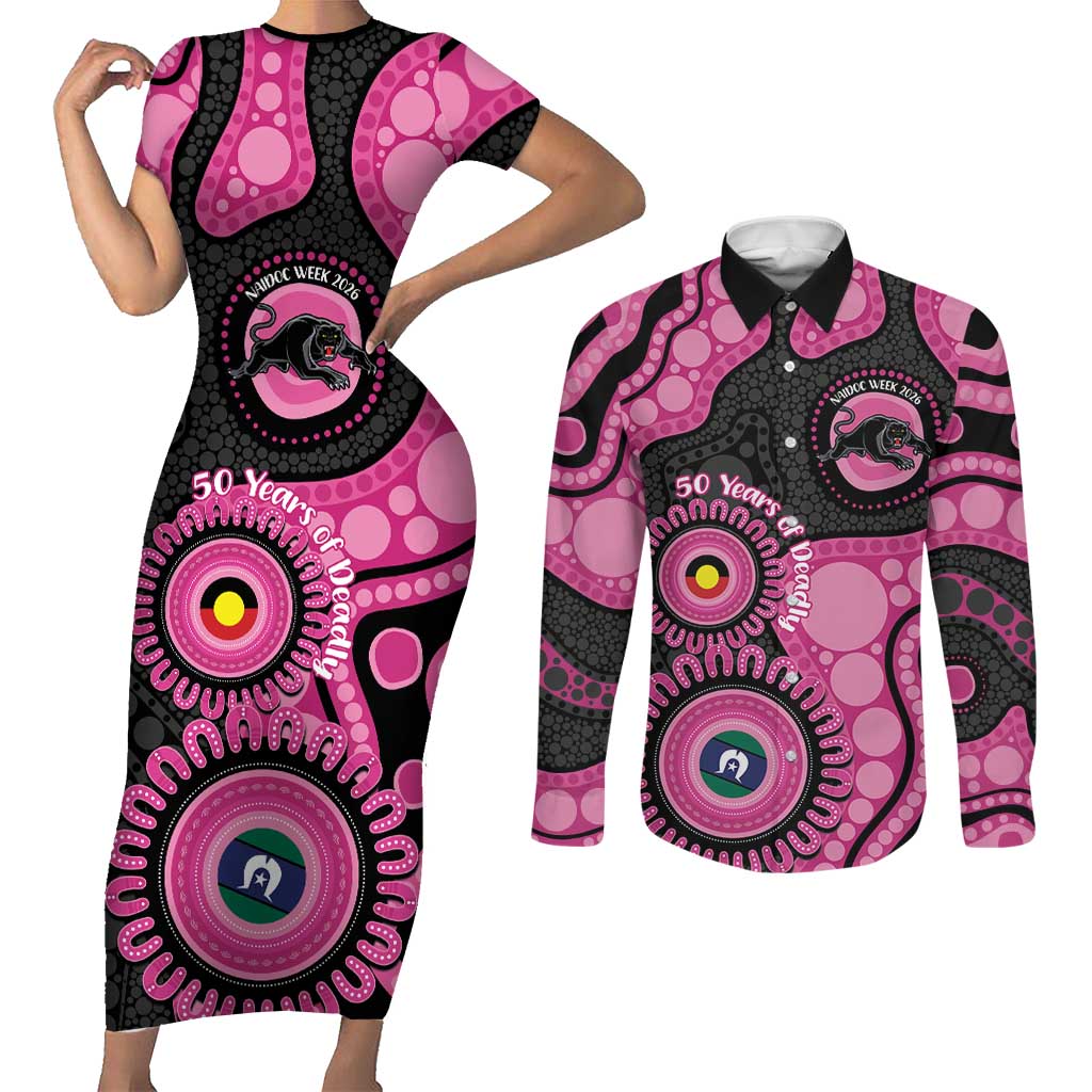 Panthers NAIDOC Week 2026 Personalised Couples Matching Short Sleeve Bodycon Dress and Long Sleeve Button Shirt 50 Years of Deadly Aboriginal Art Pink