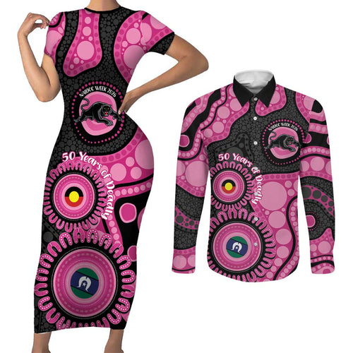 Panthers NAIDOC Week 2026 Personalised Couples Matching Short Sleeve Bodycon Dress and Long Sleeve Button Shirt 50 Years of Deadly Aboriginal Art Pink