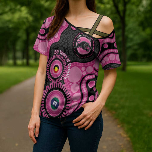 Panthers NAIDOC Week 2026 Personalised Cross Shoulder Shirt 50 Years of Deadly Aboriginal Art Pink