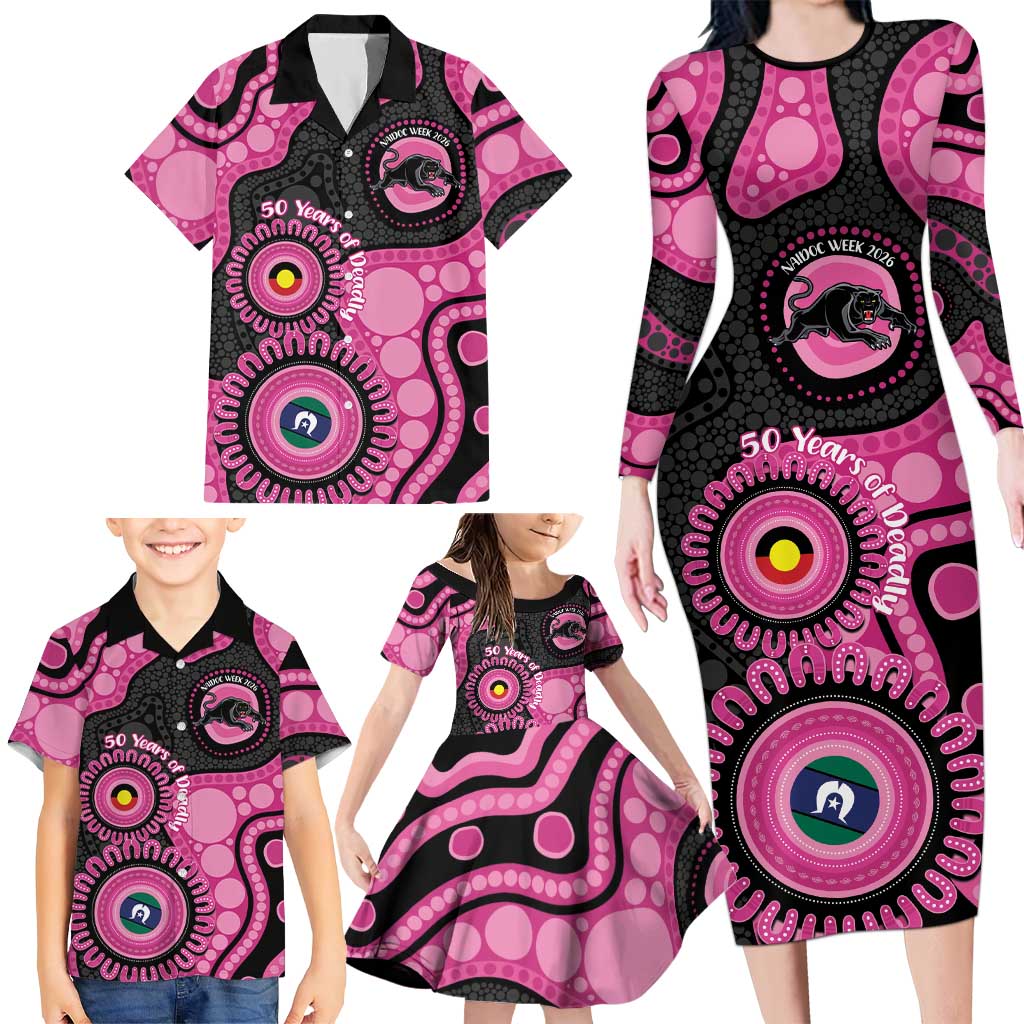 Panthers NAIDOC Week 2026 Personalised Family Matching Long Sleeve Bodycon Dress and Hawaiian Shirt 50 Years of Deadly Aboriginal Art Pink