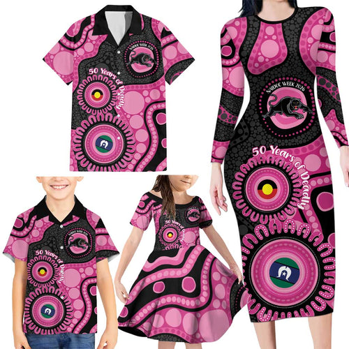 Panthers NAIDOC Week 2026 Personalised Family Matching Long Sleeve Bodycon Dress and Hawaiian Shirt 50 Years of Deadly Aboriginal Art Pink