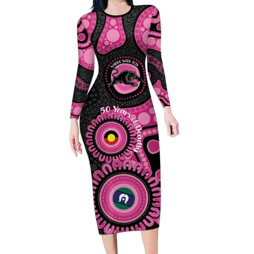 Panthers NAIDOC Week 2026 Personalised Family Matching Long Sleeve Bodycon Dress and Hawaiian Shirt 50 Years of Deadly Aboriginal Art Pink