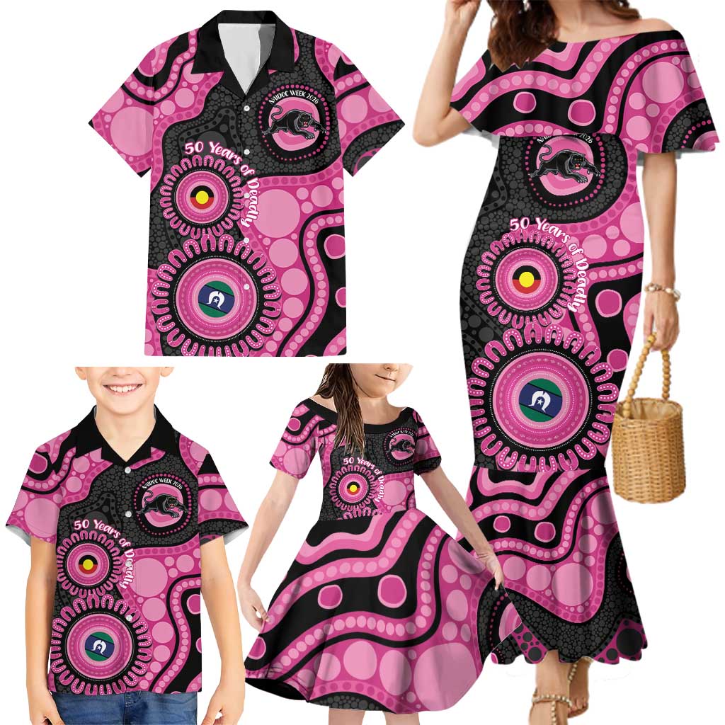 Panthers NAIDOC Week 2026 Personalised Family Matching Mermaid Dress and Hawaiian Shirt 50 Years of Deadly Aboriginal Art Pink