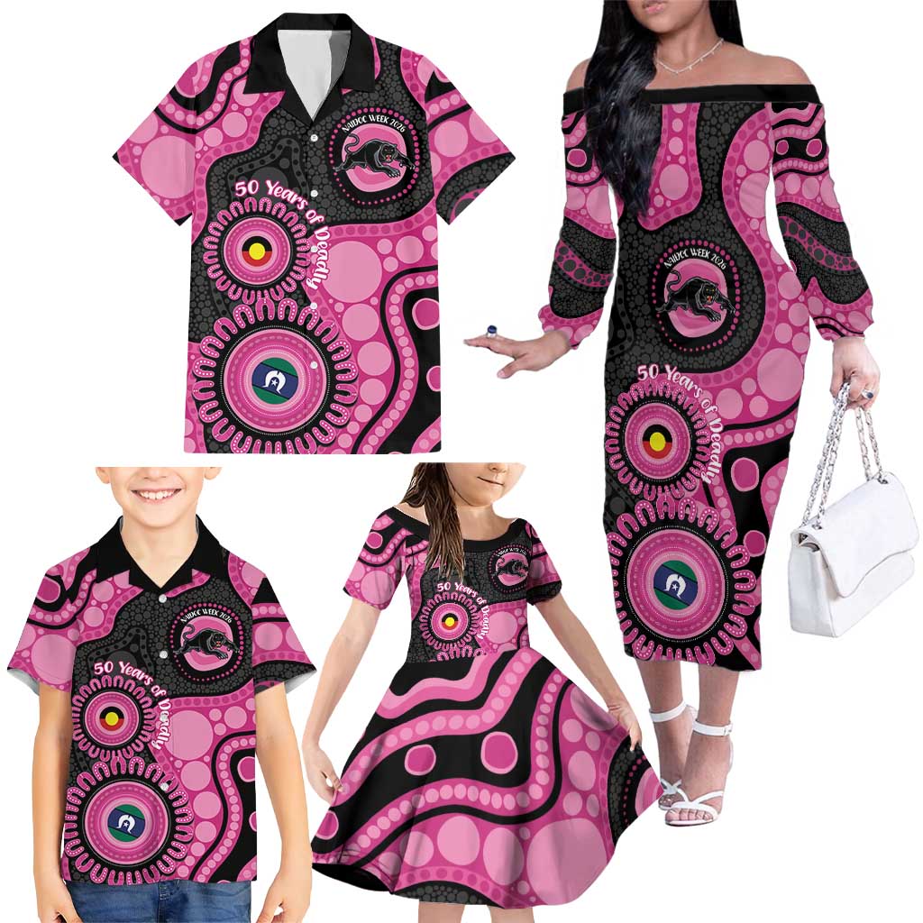 Panthers NAIDOC Week 2026 Personalised Family Matching Off The Shoulder Long Sleeve Dress and Hawaiian Shirt 50 Years of Deadly Aboriginal Art Pink